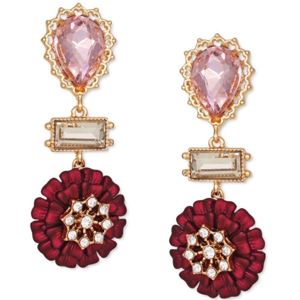 NWT Guess Gold-Tone Crystal Flower 2” Drop Earrings